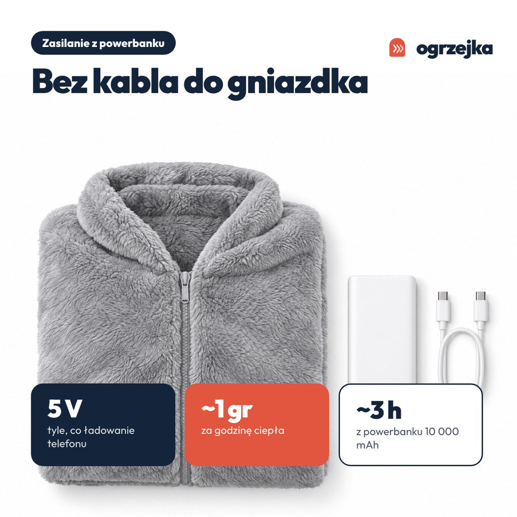 Zasilanie z powerbanku, około grosza za godzinę ciepła
